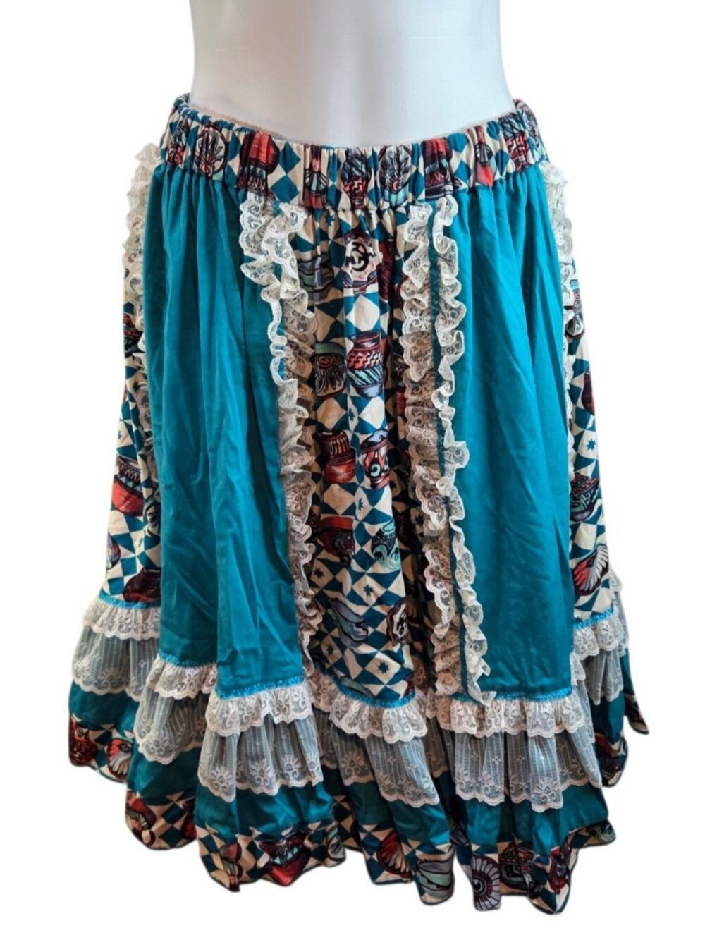 Vintage Handmade Southwestern Skirt Frills Lace Approx S/M Pottery Design